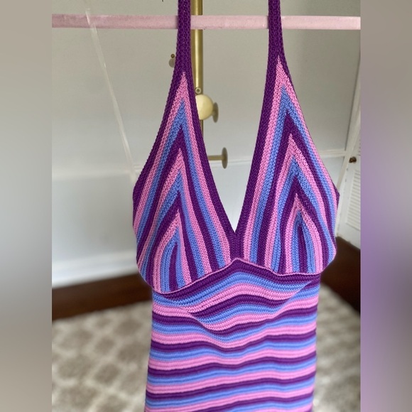 Y2K Halter Crochet Knit Dress Bold Fairy Grunge Vibrant Festival Boho Striped - Picture 3 of 10